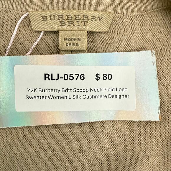 Y2K Burberry Britt Scoop Neck Plaid Logo Sweater Women L Silk Cashmere Designer - Picture 4 of 6